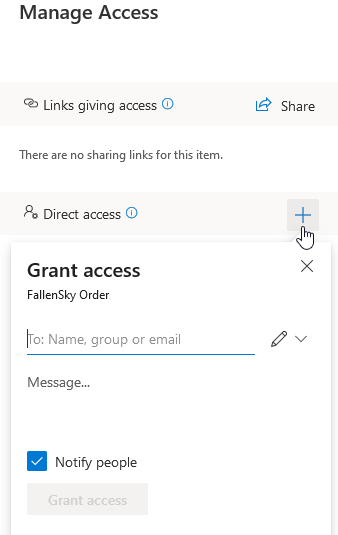 Grant access panel in onedrive