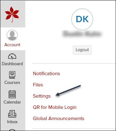 Image from Canvas showing the Account icon selected with an arrow pointing to the Settings option.