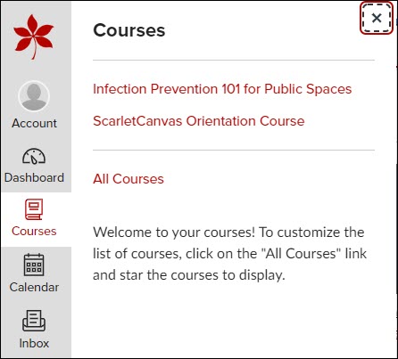 Image from Canvas showing the Courses tab being clicked and a list of enrolled courses and the All Courses displayed.
