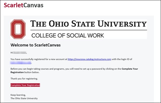 Image of the ScarletCanvas confirmation email including the Complete Your Registration button.