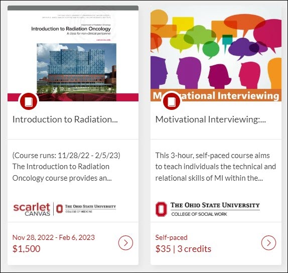 Image from ScarletCanvas showing two course offerings, one with a date range of November 28, 2022 through February 6, 2023 and the other as self-paced.