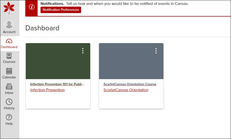 Image from Canvas showing the Student Dashboard, which displays any active courses.