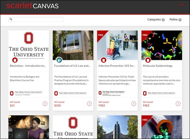 Image of the ScarletCanvas homepage showing a number of course offerings.