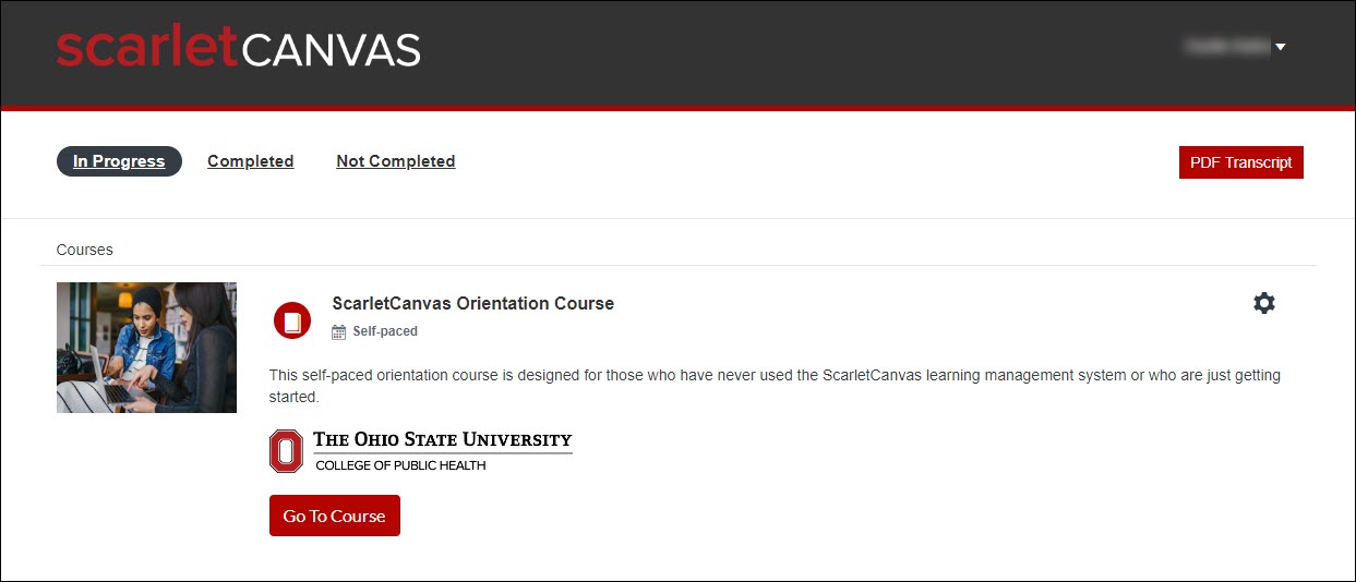 Image from ScarletCanvas showing the Student Dashboard which displays enrolled courses, as well as In Progress, Completed, and Not Completed tabs.