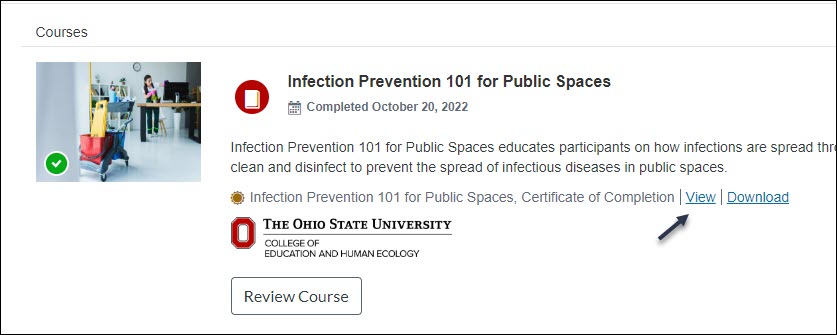 Image from ScarletCanvas showing a completed course with the button used to View a certificate being pointed to by an arrow.