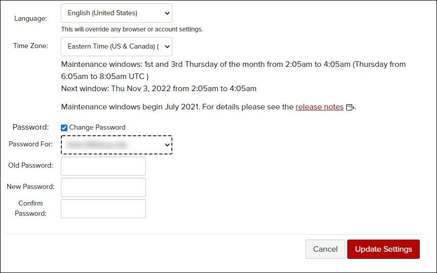 Image from Canvas showing settings which can be edited, including Language, Time Zone, and Password fields.