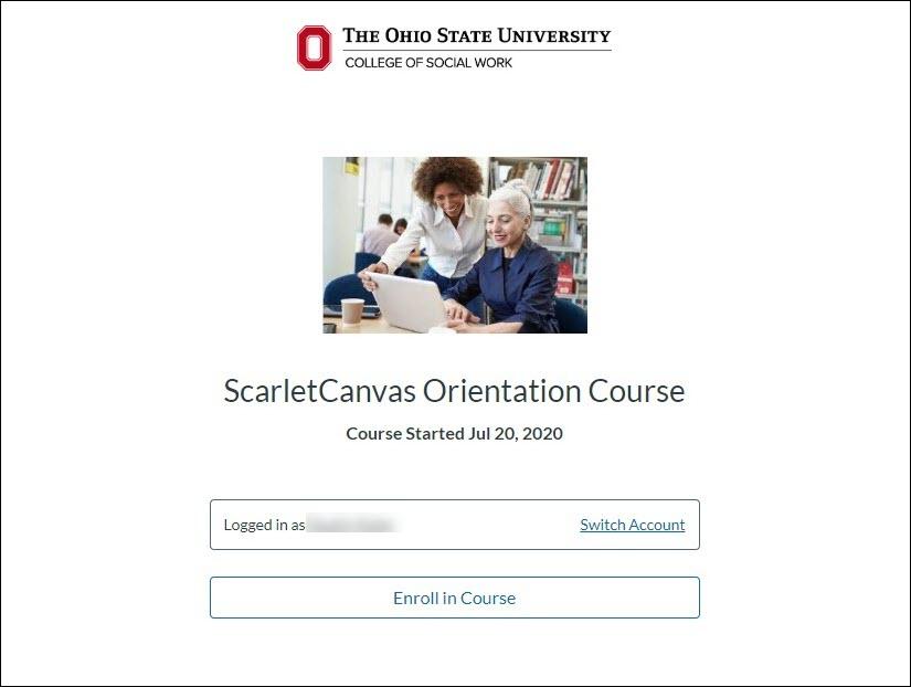 Image of the ScarletCanvas enrollment page showing the course title, course timeframe, whose account is logged in, and the Enroll in Course button.